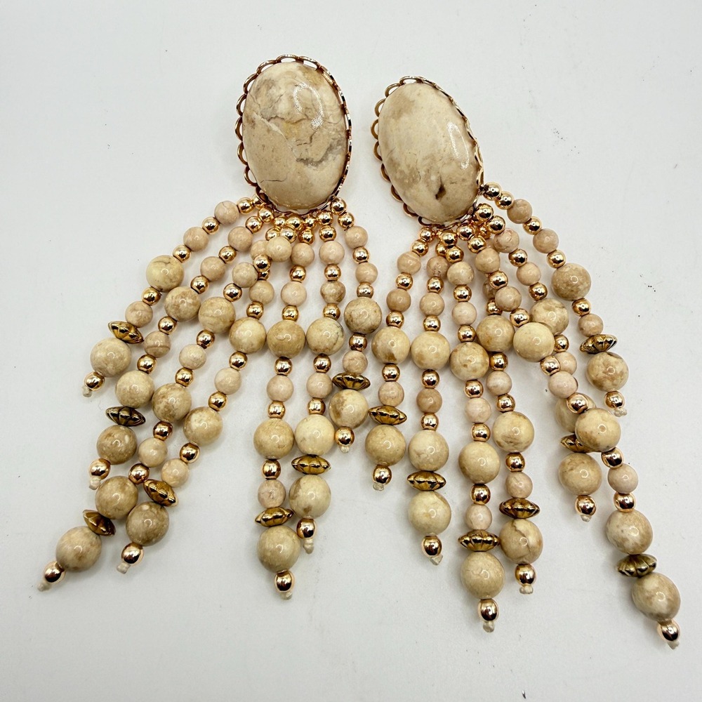 Vintage Southwestern Style Beige Color Stone Beaded Tassel Earrings